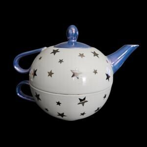 C&R Japan Porcelain Teapot Teacup Set Star Pattern Blue Luster Lid